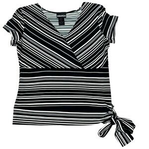 Baranda Womens Black White Striped Wrap Side Tie V-Neck Top Short Sleeve Medium